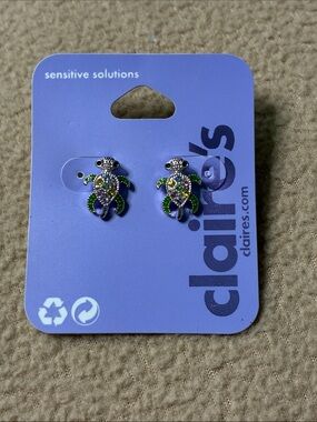 Claire's Sparkling Turtle Stud Earrings - Green, Purple & Clear